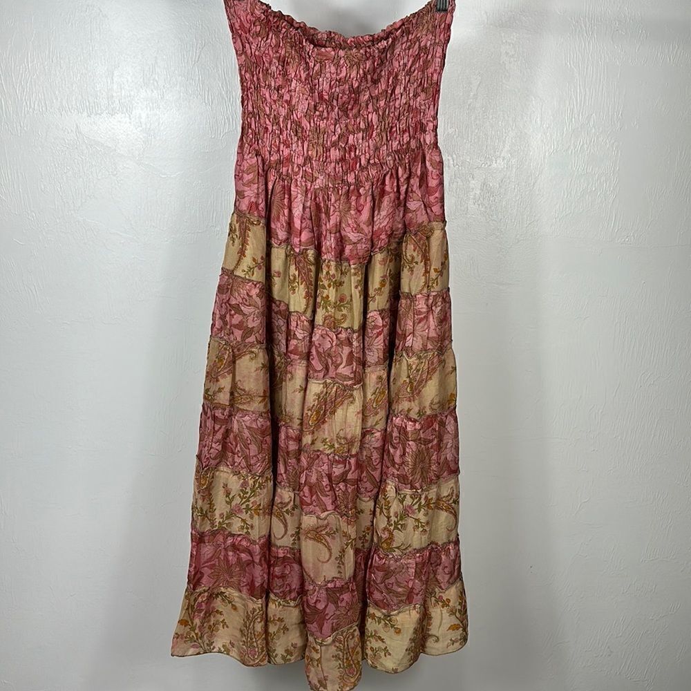 Urban Nomad Vintage Boho Silk Strapless Smocked Bodice Dress Size S-L
